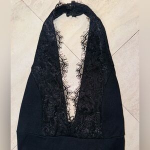 Deep V Black Body Suit with Lace trim and Low Back